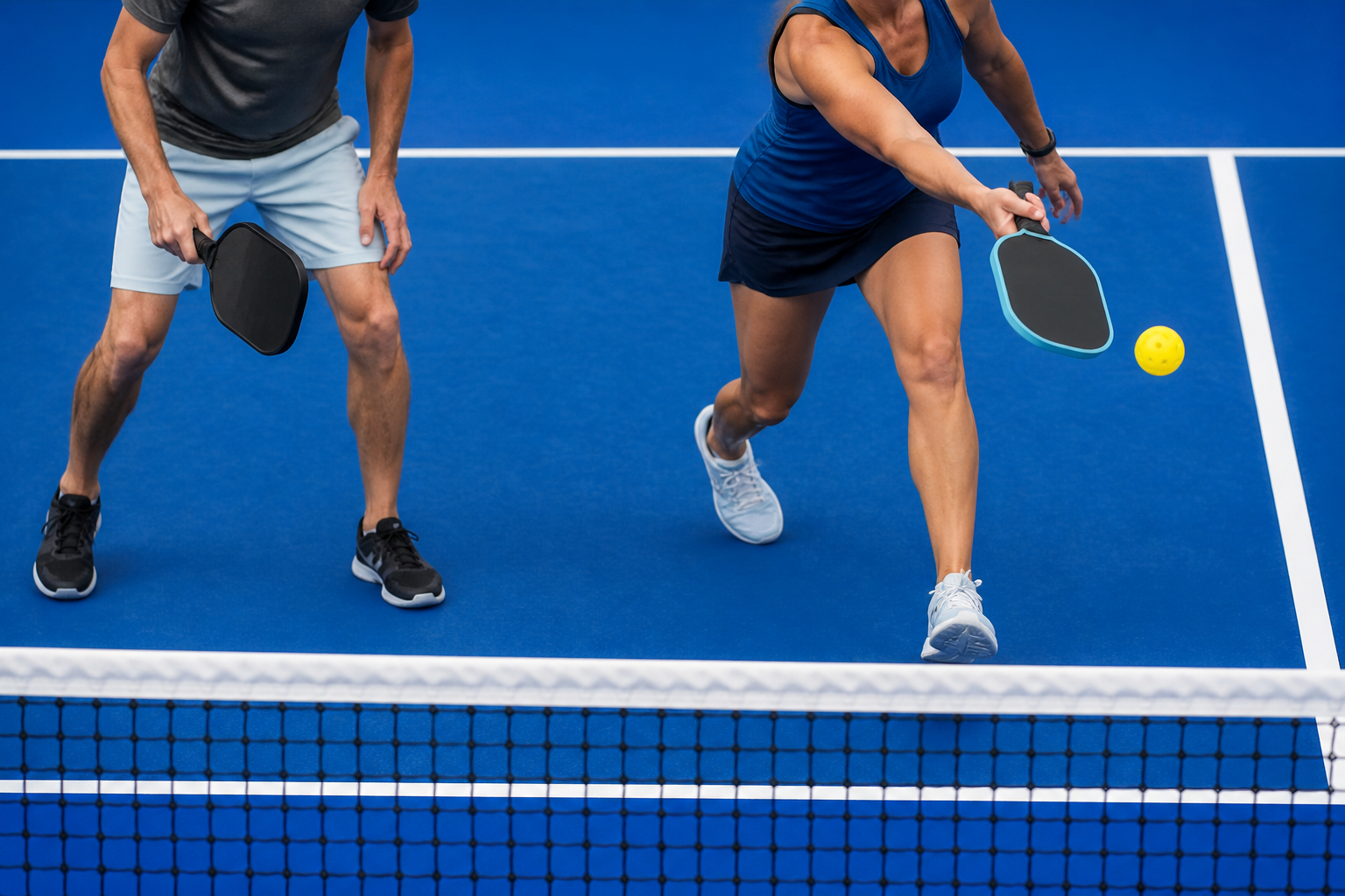 Joueurs en pleine action sur un terrain de pickleball, énergie et accessibilité du jeu